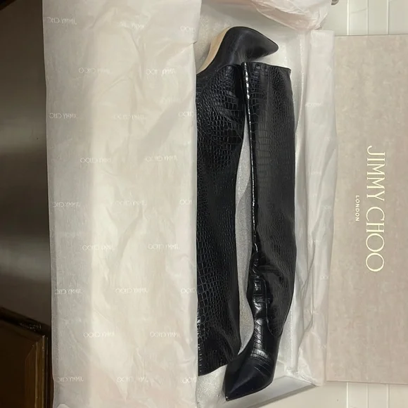 Jimmy Choo Mavis 100 Navy Croc Embossed leather knee high boots - Picture 2 of 7